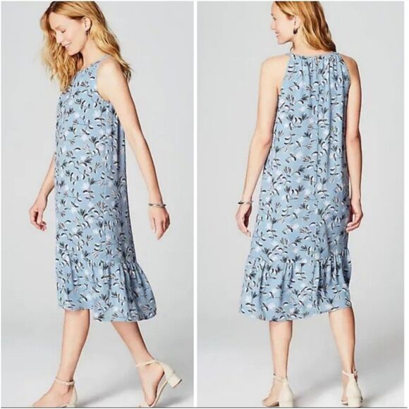 J. Jill Wearever Collection Breeze Flounce Hem Midi Dress Floral Blue Sz MP F142 - Picture 2 of 10